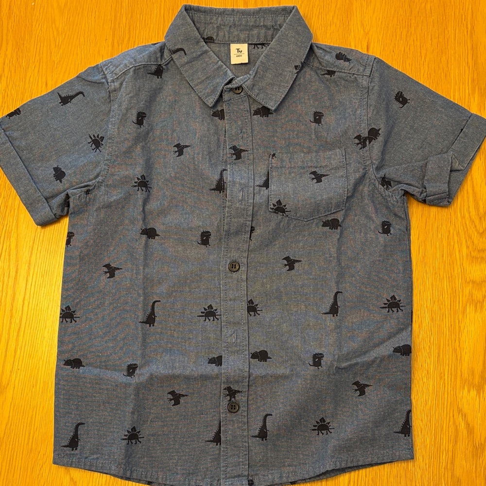 Blue Cotton Denim Dinosaur Print Button Down Shirt - size 6-7 years